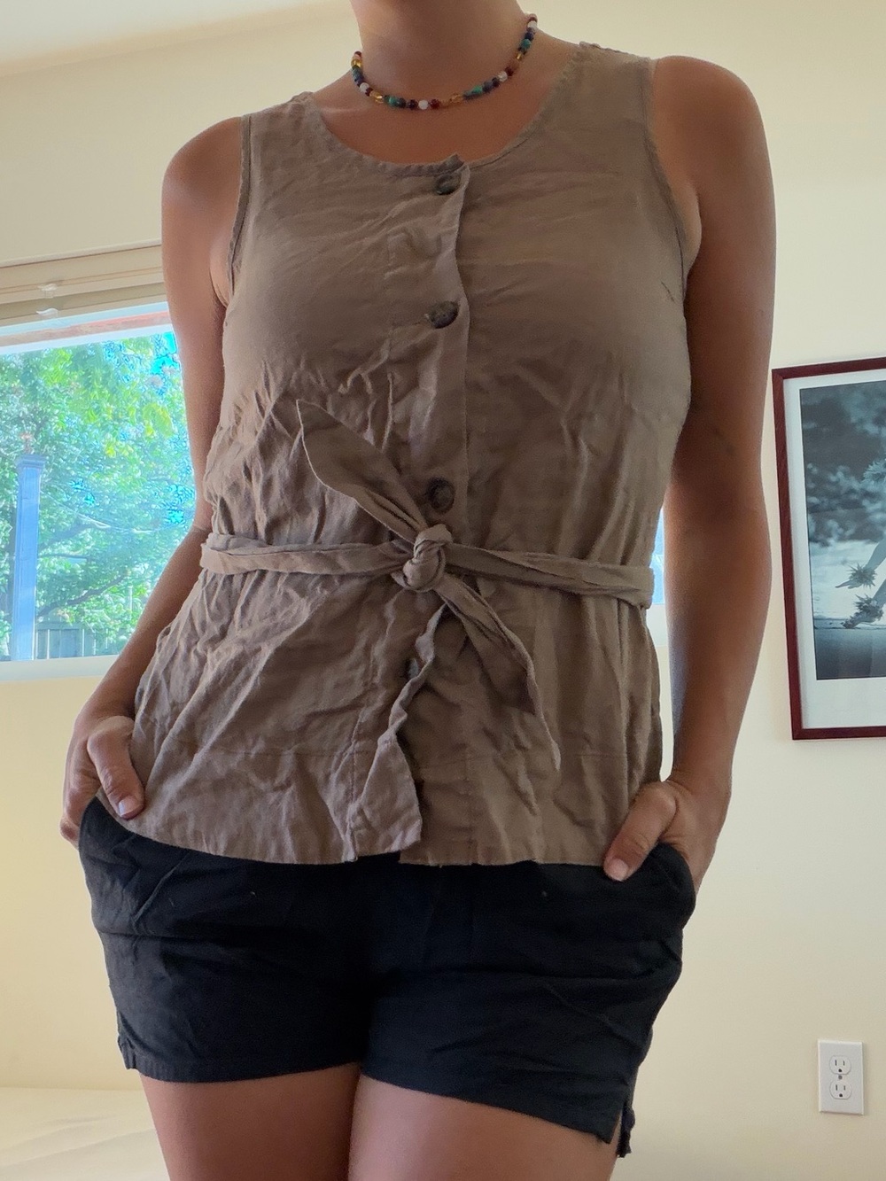 Mod Ref 100% Linen Vanessa Brown Sleeveless Tie-Waist Button Front Tank Top